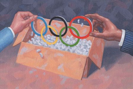 A drawing of Olympic rings coming out of a box.