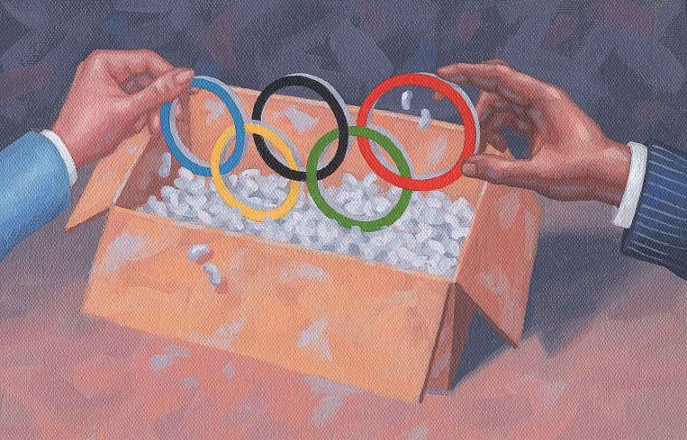 A drawing of Olympic rings coming out of a box.