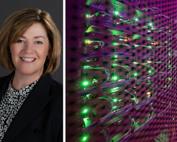Equinix CEO and President Adaire Fox-Martin and servers at a data center.