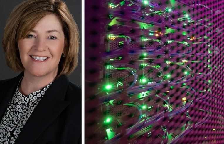 Equinix CEO and President Adaire Fox-Martin and servers at a data center.