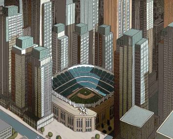 A drawing of Yankee Stadium surrounded by apartment buildings.