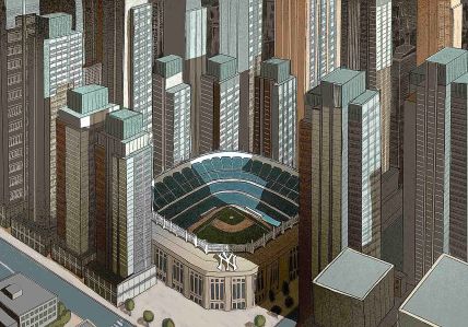 A drawing of Yankee Stadium surrounded by apartment buildings.