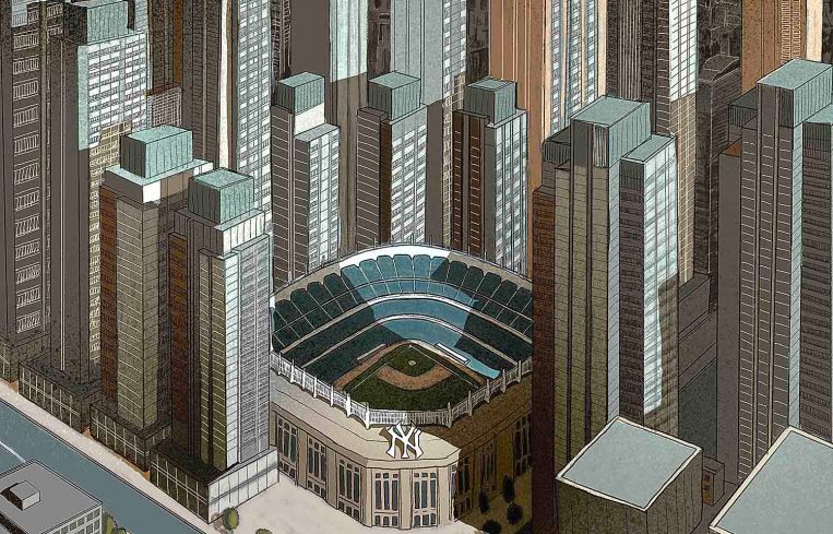 A drawing of Yankee Stadium surrounded by apartment buildings.