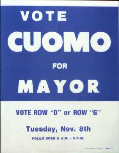 A "Vote Cuomo for Mayor" sign.