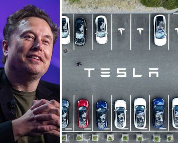 Tesla CEO Elon Musk and a parking lot of Tesla vehicles.