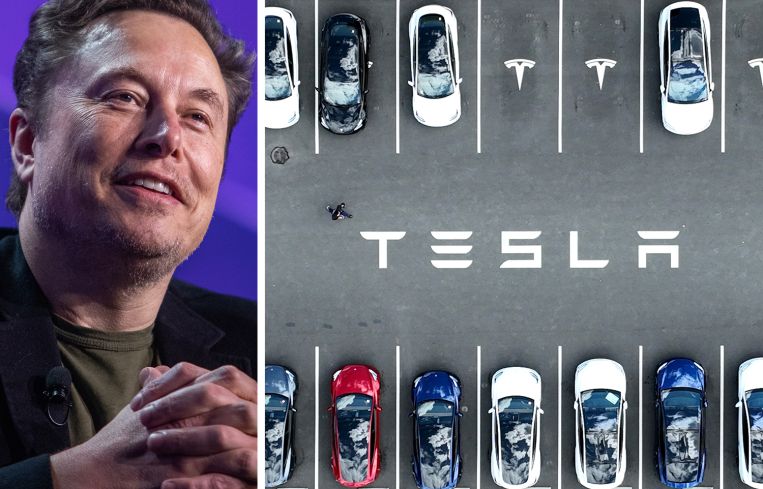 Tesla CEO Elon Musk and a parking lot of Tesla vehicles.