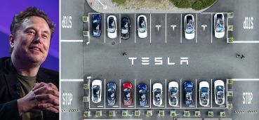 Tesla CEO Elon Musk and a parking lot of Tesla vehicles.