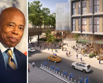 Mayor Eric Adams and a rendering of the proposed Gansevoort Square redevelopment.