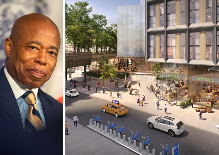 Mayor Eric Adams and a rendering of the proposed Gansevoort Square redevelopment.