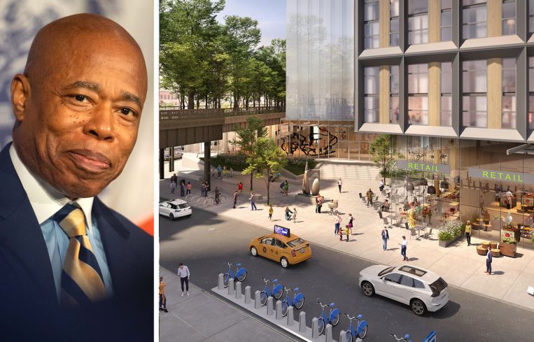Mayor Eric Adams and a rendering of the proposed Gansevoort Square redevelopment.