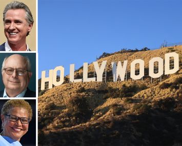 California Gov. Gavin Newsome, Hackman Capital Partners Founder and CEO Michael Hackman, Los Angeles Mayor Karen Bass, and the Hollywood sign.