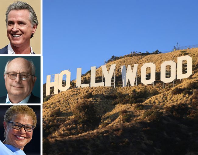 California Gov. Gavin Newsome, Hackman Capital Partners Founder and CEO Michael Hackman, Los Angeles Mayor Karen Bass, and the Hollywood sign.