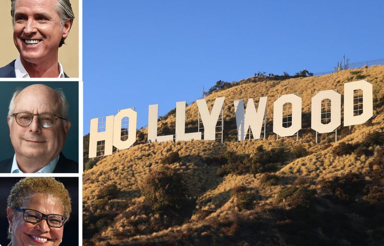 California Gov. Gavin Newsome, Hackman Capital Partners Founder and CEO Michael Hackman, Los Angeles Mayor Karen Bass, and the Hollywood sign.