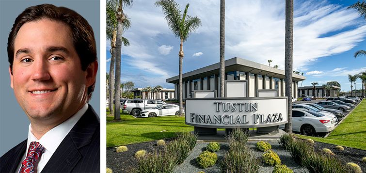 Anthony DeLorenzo, vice chairman at CBRE, and the Tustin Financial Plaza in Tustin, Calif.