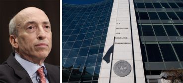 Securities and Exchange Commission (SEC) Chair Gary Gensler and the current SEC headquarters in Washington D.C.