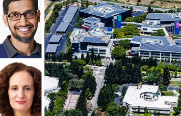 Sundar Pichai, CEO of Google and Alphabet; Anat Ashkenazi Senior Vice President and CFO of Alphabet and Google; and an aerial view of the main Google campus.