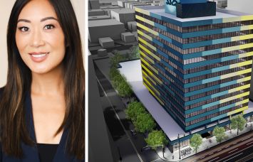 Jaime Lee, CEO of Jamison, and a rendering of 3325 Wilshire Boulevard in Los Angeles, Calif.