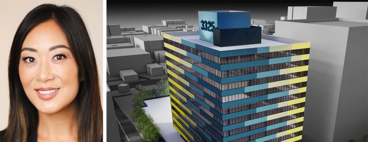 Jaime Lee, CEO of Jamison, and a rendering of 3325 Wilshire Boulevard in Los Angeles, Calif.