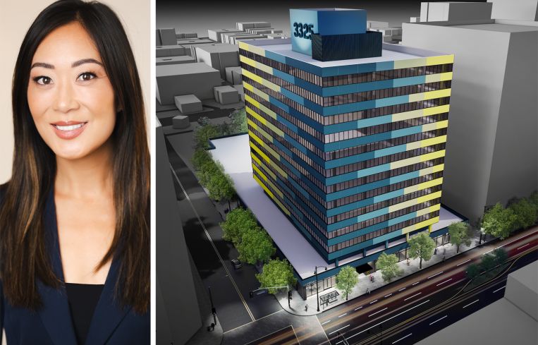 Jaime Lee, CEO of Jamison, and a rendering of 3325 Wilshire Boulevard in Los Angeles, Calif.