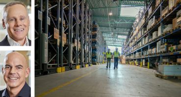 Michael Frankel and Howard Schwimmer, co-CEOs of Rexford Industrial Realty, and the inside of a warehouse.