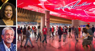 Washington D.C. Mayor Muriel Bowser; Monumental Sports Founder, Chairman and CEO Ted Leonsis; and a rendering of the proposed changes to CapitalOne Arena.