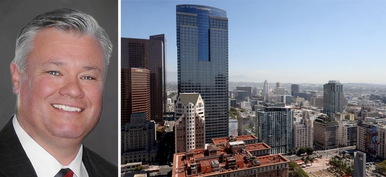 J.C. Casillas, managing director of research at NAI Capital, and the Gas Company Tower in Los Angeles.