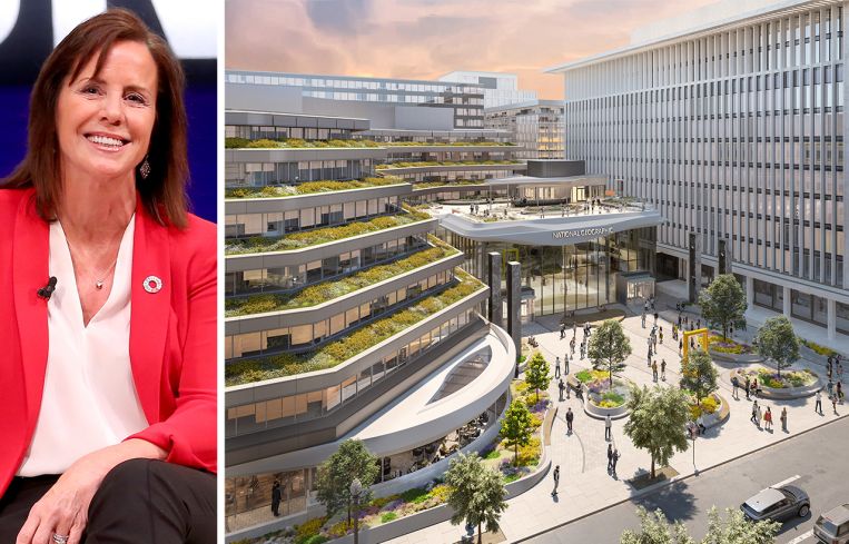 Jean Case, chairman of the National Geographic Society, and a rendering of the National Geographic Museum of Exploration.