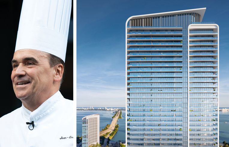 Jean-Georges Vongerichten and a rendering of the Jean-Georges Miami Tropic Residences.