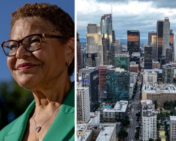 Mayor Karen Bass and downtown Los Angeles.