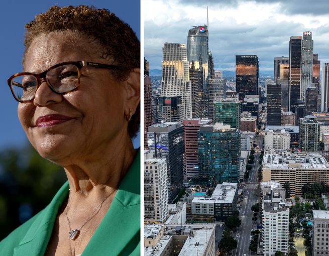 Mayor Karen Bass and downtown Los Angeles.