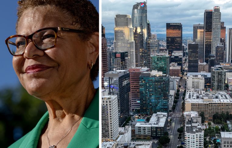 Mayor Karen Bass and downtown Los Angeles.