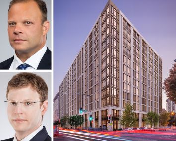 Matthew Pestronk, co-founder and president, and Michael Pestronk, co-founder and CEO, of Post Brothers, and a rendering of 2100 M Street NW.