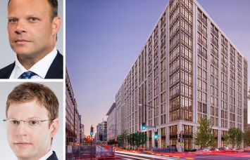 Matthew Pestronk (top left), co-founder and president, and Michael Pestronk, co-founder and CEO, of Post Brothers, and a rendering of 2100 M Street NW.