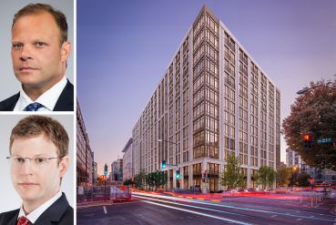 Matthew Pestronk, co-founder and president, and Michael Pestronk, co-founder and CEO, of Post Brothers, and a rendering of 2100 M Street NW.