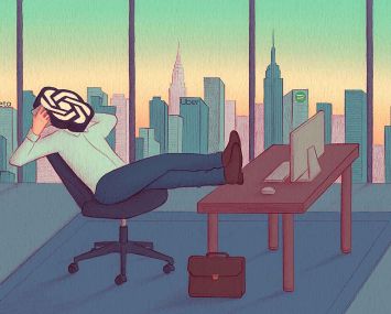 A drawing of a man with the OpenAI logo as his face lounging in an office.