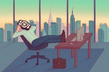 A drawing of a man with the OpenAI logo as his face lounging in an office.