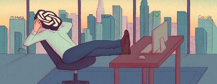 A drawing of a man with the OpenAI logo as his face lounging in an office.