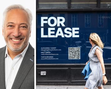 JLL's Patrick Smith and a "for lease" sign in the window of a building in Manhattan.