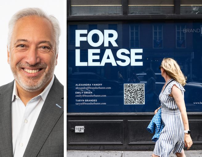 JLL's Patrick Smith and a "for lease" sign in the window of a building in Manhattan.