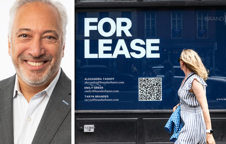 JLL's Patrick Smith and a "for lease" sign in the window of a building in Manhattan.