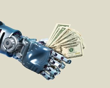 Illustration of a robot arm holding a wad of cash.