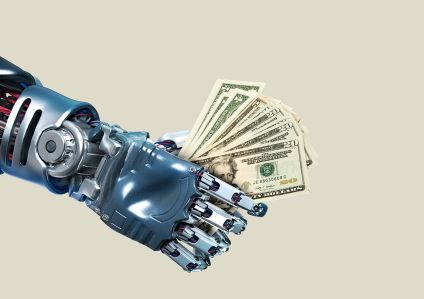 Illustration of a robot arm holding a wad of cash.