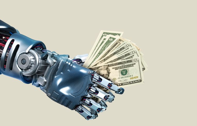 Illustration of a robot arm holding a wad of cash.