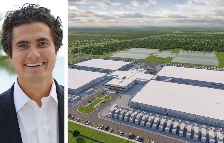 Chase Lochmiller, CEO of Crusoe, and a rendering of the planned data center at the Lancium Clean Campus in Abilene, Texas.