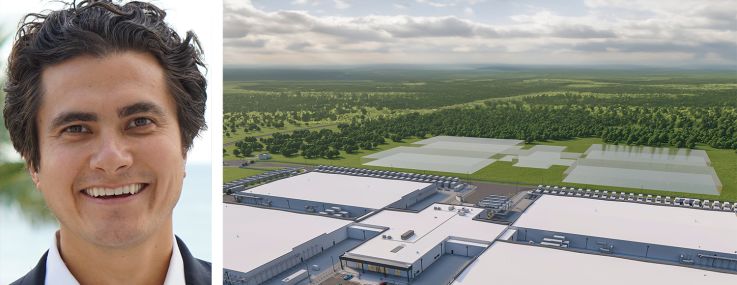 Chase Lochmiller, CEO of Crusoe, and a rendering of the planned data center at the Lancium Clean Campus in Abilene, Texas.