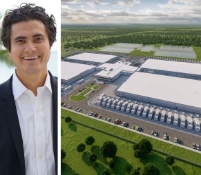 Chase Lochmiller, CEO of Crusoe, and a rendering of the planned data center at the Lancium Clean Campus in Abilene, Texas.