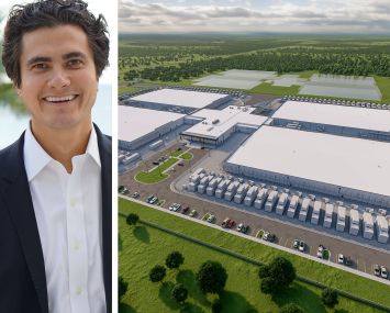 Chase Lochmiller, CEO of Crusoe, and a rendering of the planned data center at the Lancium Clean Campus in Abilene, Texas.