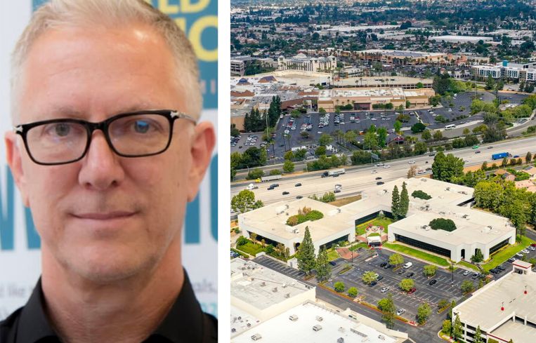 Dwight N. Manley, Managing Partner of Manley Fanticola Holdings, and the office complex (middle) at 1698-1700 Greenbriar Lane in Brea, Calif.