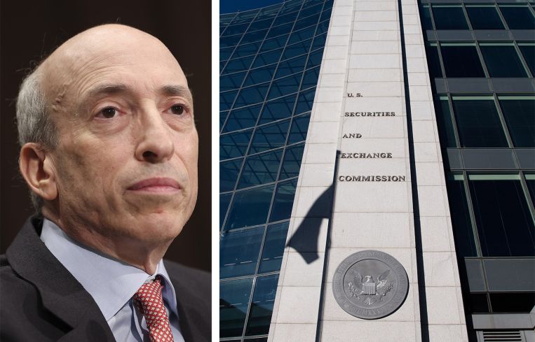 Securities and Exchange Commission (SEC) Chair Gary Gensler and the current SEC headquarters in Washington D.C.