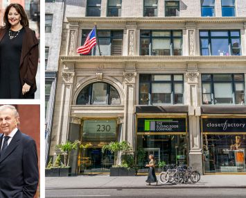 GFP Real Estate Principal Jane Gural-Senders, Leasing Director Harvey Richer, and New York MarketCenter Building at 230 Fifth Avenue.